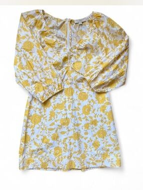 LOFT Dress Womens 12 White Yellow Floral Cotton Lined Puff Sleeve summer beach